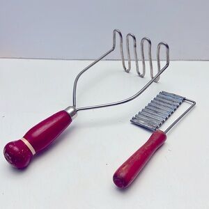 Vintage Kitchen Utensils Painted Red Handles Potato Masher Wavey Kringle Cutter